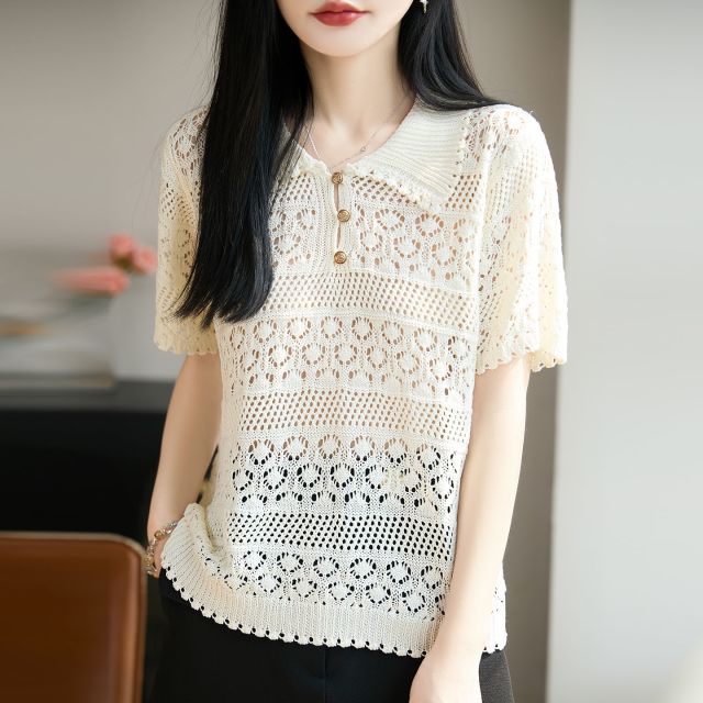 13744004.绒暖享珍珠麻系列镂空上衣针织衫POLO领透气上衣