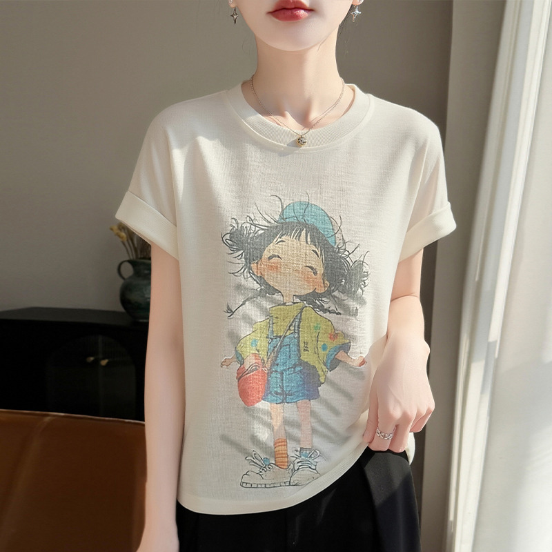 13739078.绒暖享夏季精仿系列圆领短袖卡通印花针织衫女士上衣宽松打底衫小飞袖