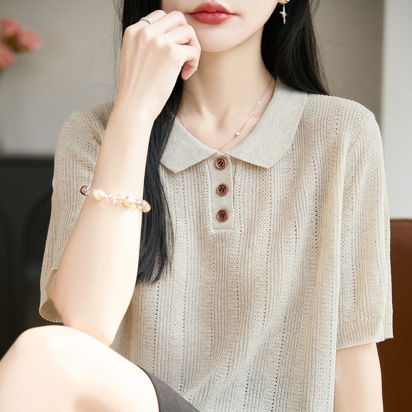 13744008.绒暖享珍珠麻系列POLO领上衣透气针织衫