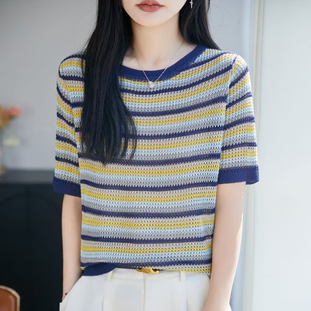 13744037.绒暖享珍珠麻系列镂空拼色条纹短袖圆领上衣