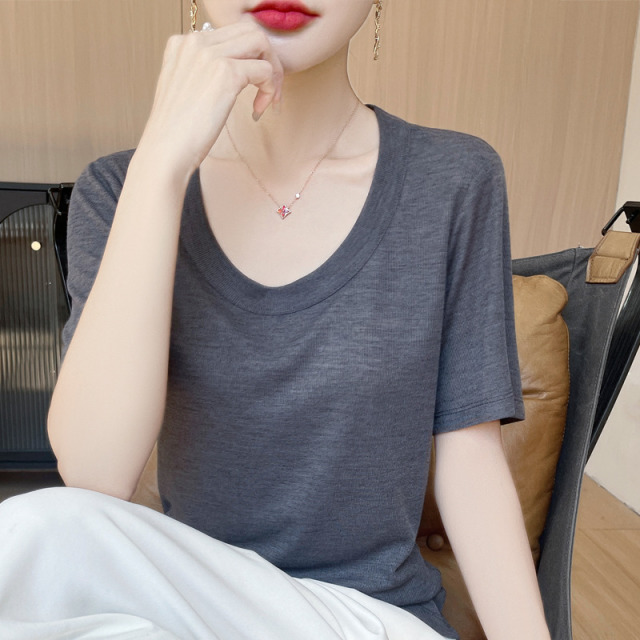 13738802.绒暖享夏季新款U领纯色针织短袖宽松百搭气质显瘦透气上衣T恤女