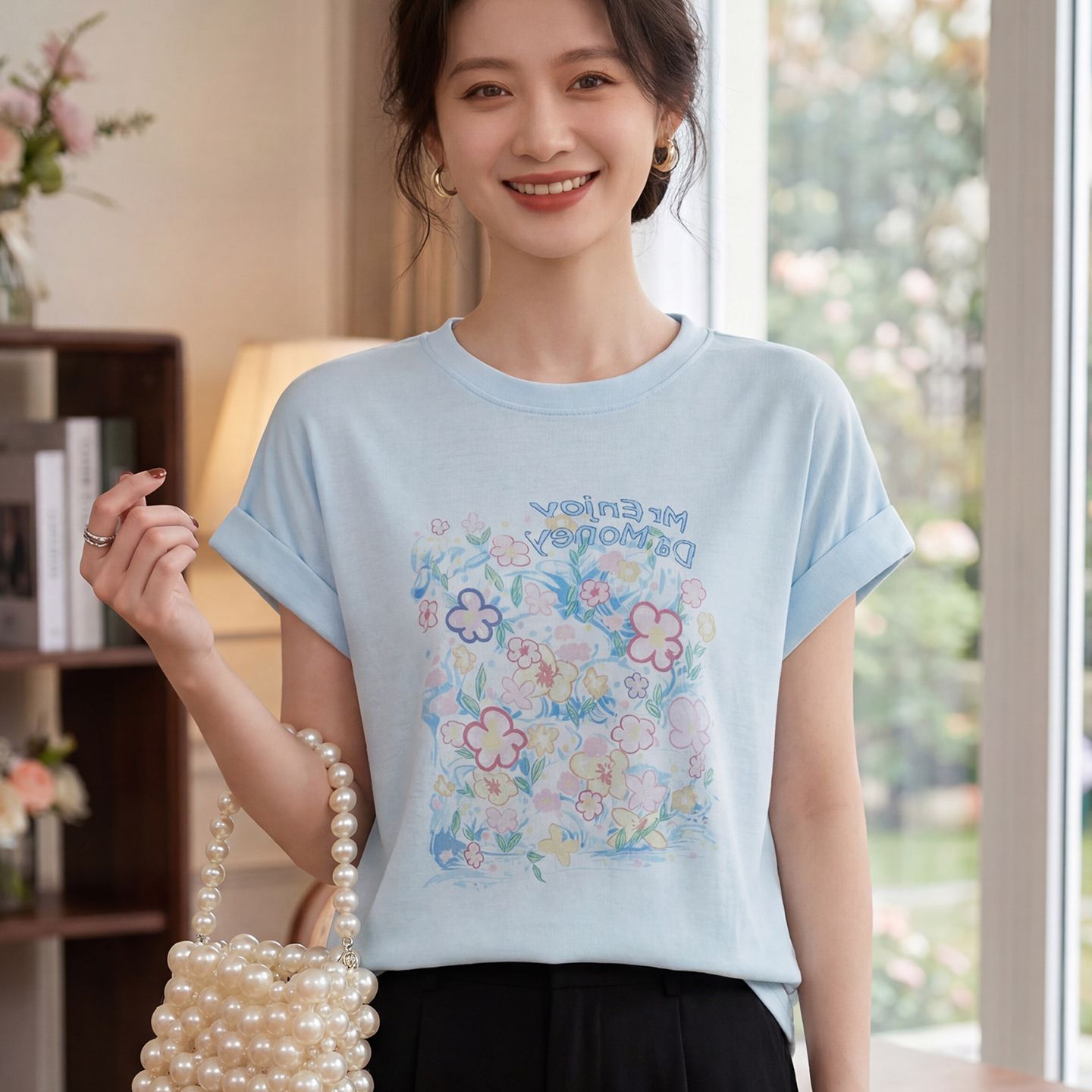 13744000.绒暖享夏季精仿系列圆领短袖针织衫女士宽松上衣打底衫T恤