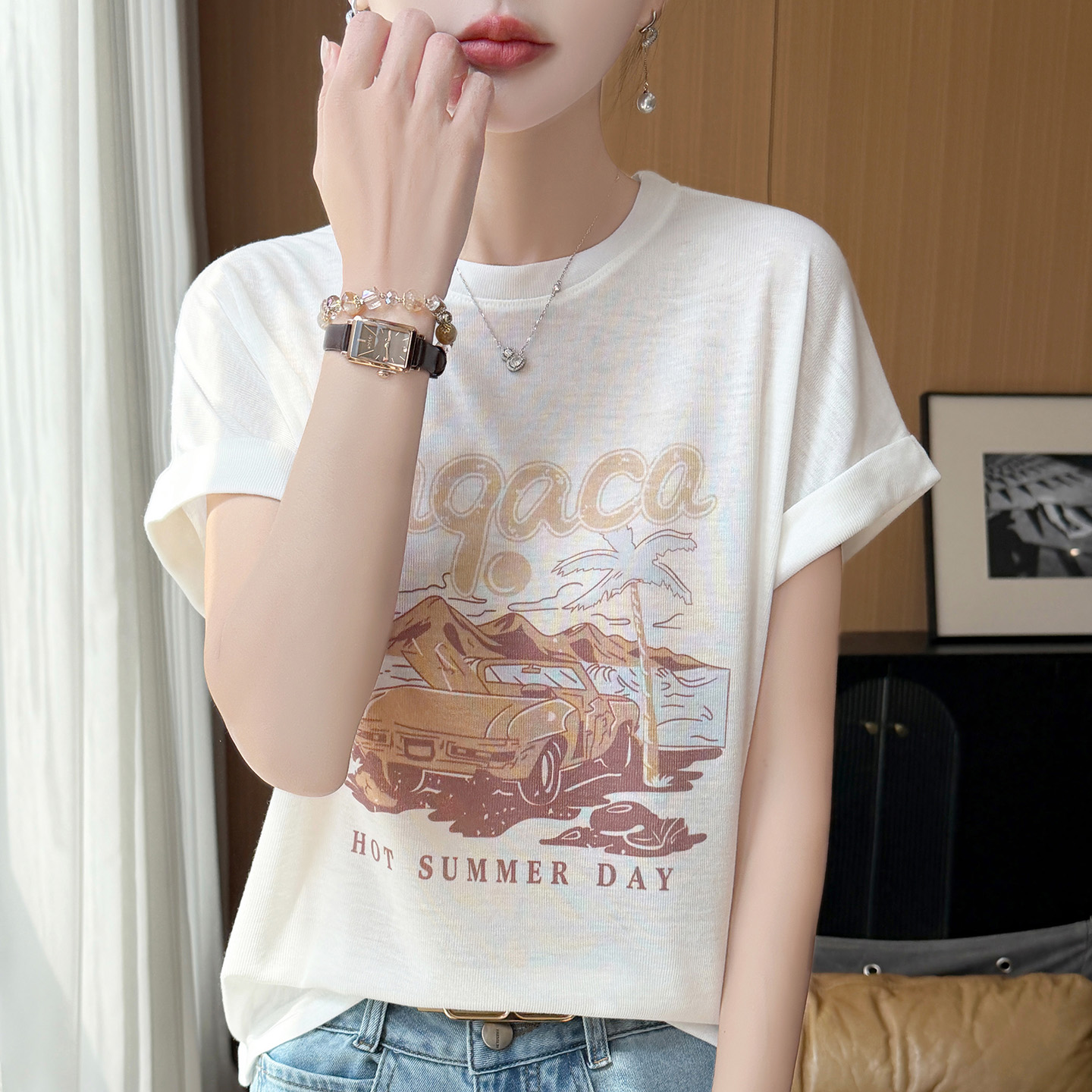 13743979.绒暖享夏季精仿系列女士上衣圆领短袖针织衫宽松打底衫T恤