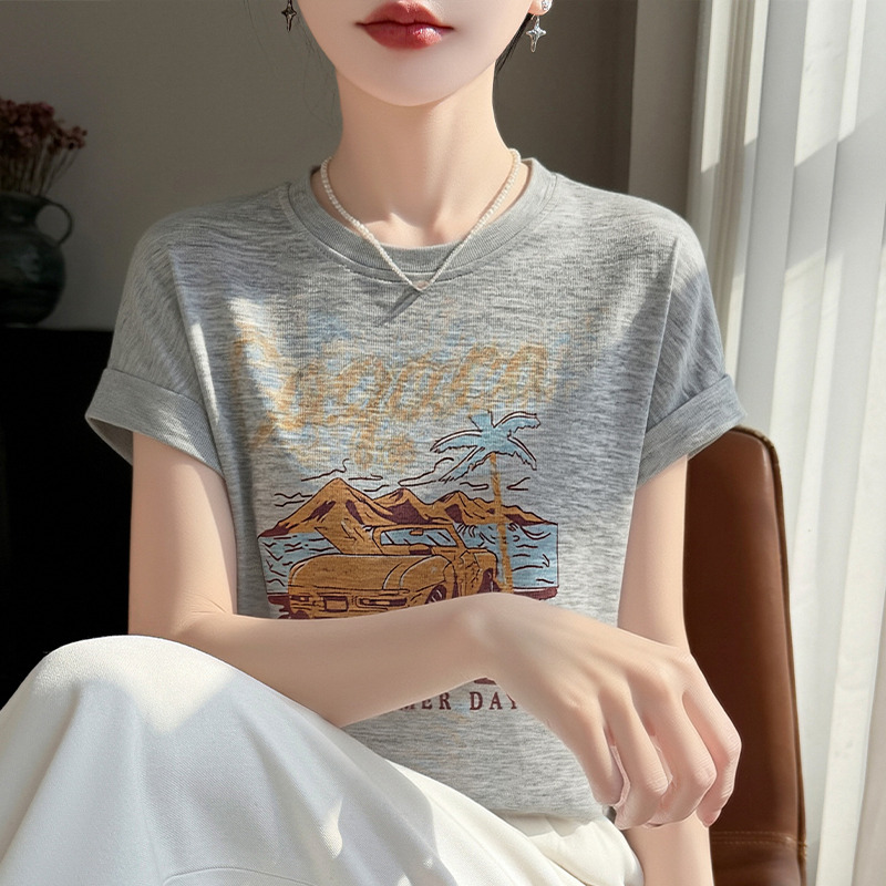 13739010.绒暖享夏季精仿系列圆领短袖针织衫女士上衣宽松打底衫