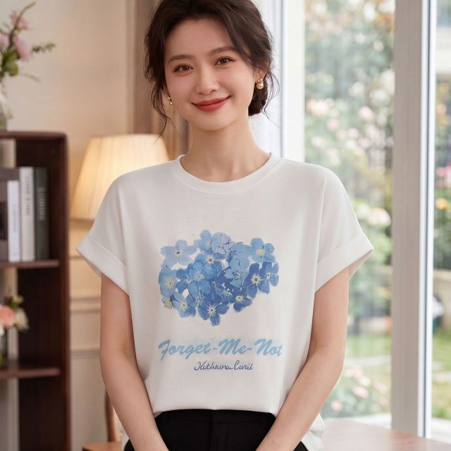 13744000.绒暖享夏季精仿系列圆领短袖针织衫女士宽松上衣打底衫T恤