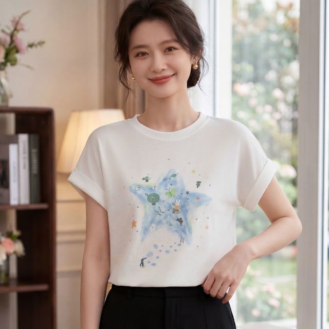 13743993.绒暖享夏季精仿系列圆领短袖针织衫女士印花宽松打底衫T恤