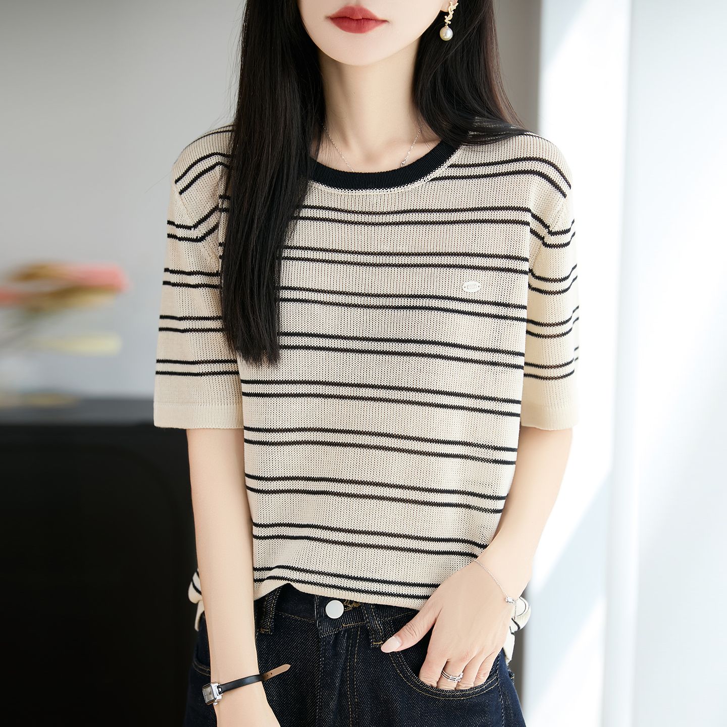 13744052.绒暖享针织圆领条纹撞色短袖T恤打底上衣
