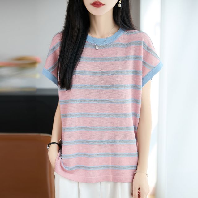13747090.绒暖享竹节麻条纹小飞袖圆领上衣撞色条纹针织衫