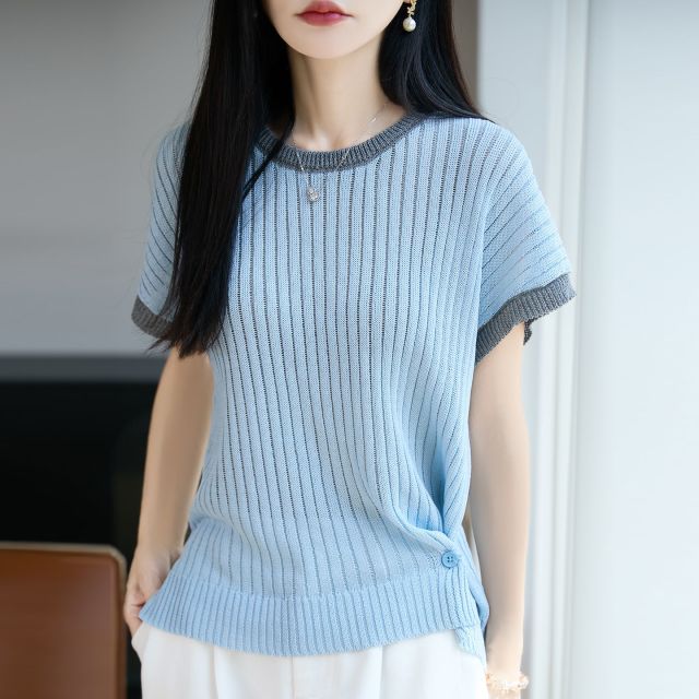 13747373.绒暖享竹节麻抽条短袖撞色花边针织衫上衣