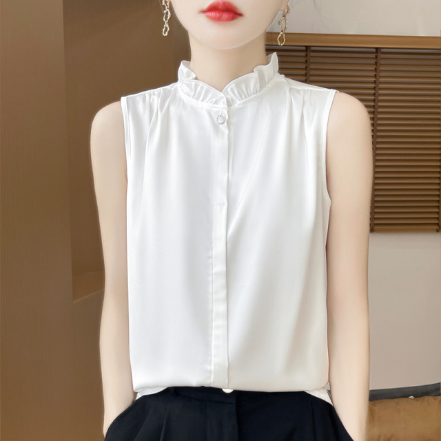 13747597.绒暖享缎面丝滑无袖衬衣木耳领打底内搭
