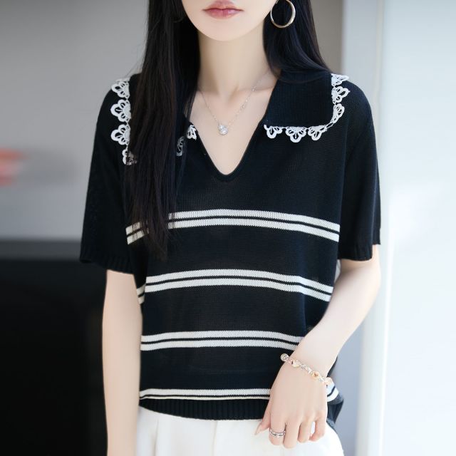 13747160.绒暖享V领条纹短袖上衣撞色娃娃领短袖