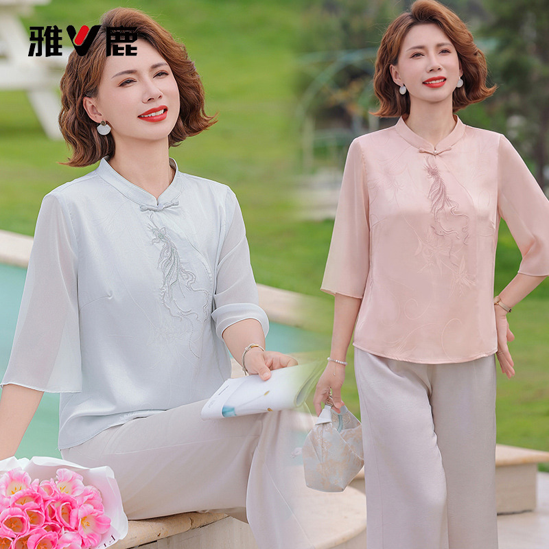 13662303.雅鹿妈妈夏装新中式套装 中年女装国风七分袖上衣阔腿裤两件套