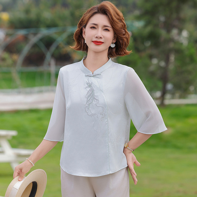 13662303.雅鹿妈妈夏装新中式套装 中年女装国风七分袖上衣阔腿裤两件套