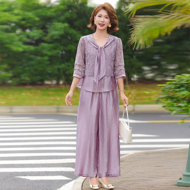 13663843.雅鹿中年女装飘带领蕾丝上衣阔腿裤 妈妈夏装套装七分袖蕾丝衫高腰阔腿裤两件套