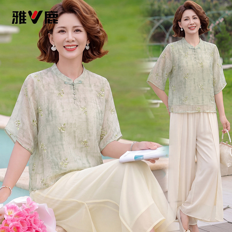 13837410.雅鹿薄纱透气不闷汗 中年妈妈新中式套装 中年女士中袖阔腿裤成套穿搭