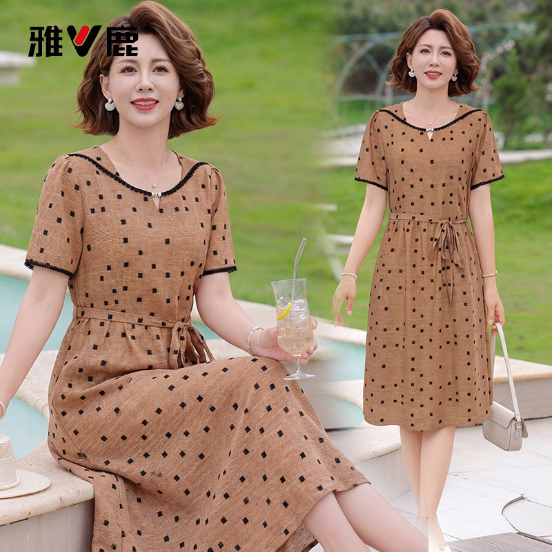 13837413.雅鹿妈妈夏装连衣裙 圆领蕾丝花边波点短袖系带收腰中长款中年女装过膝裙子