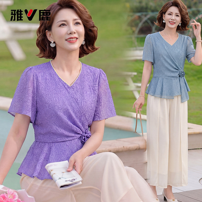 13665144.雅鹿中老年女装 妈妈装 夏季新款 不规则下摆交叉斜襟收腰小衫飘逸阔腿裤两件套