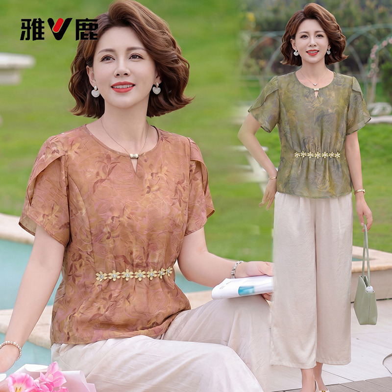 13837414.雅鹿中老年女装夏季新款 复古印花圆领短袖上衣高腰宽松阔腿裤气质两件套