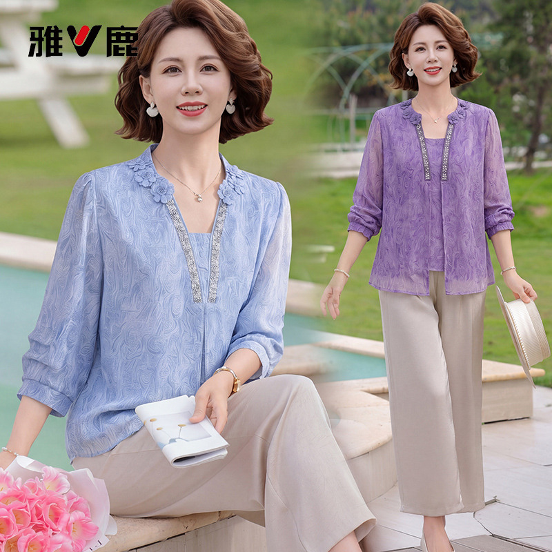13665099.雅鹿中年妈妈装女士气质两件套 印花雪纺七分袖小衫高腰直筒阔腿裤套装
