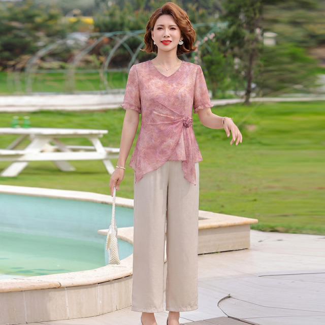 13664753.雅鹿2026妈妈夏装 中老年女装 夏季新款 V 领围裹式扭结小衫高腰垂感阔腿裤气质两件套