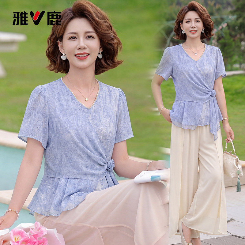 13665220.雅鹿中老年女装新款 提花雪纺斜襟围裹式收腰上衣垂感九分阔腿裤两件套