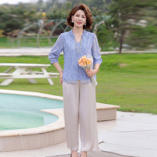 13665099.雅鹿中年妈妈装女士气质两件套 印花雪纺七分袖小衫高腰直筒阔腿裤套装