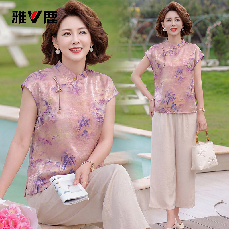 13836807.雅鹿中年妈妈夏装新中式套装 山水印花立领盘扣短袖上衣宽松九分阔腿裤两件套