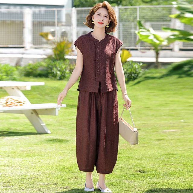 13667602.雅鹿新中式妈妈夏装套装 复古提花无袖上衣宽松灯笼裤中年女装 立领盘扣上衣松紧腰哈伦裤休闲两件套