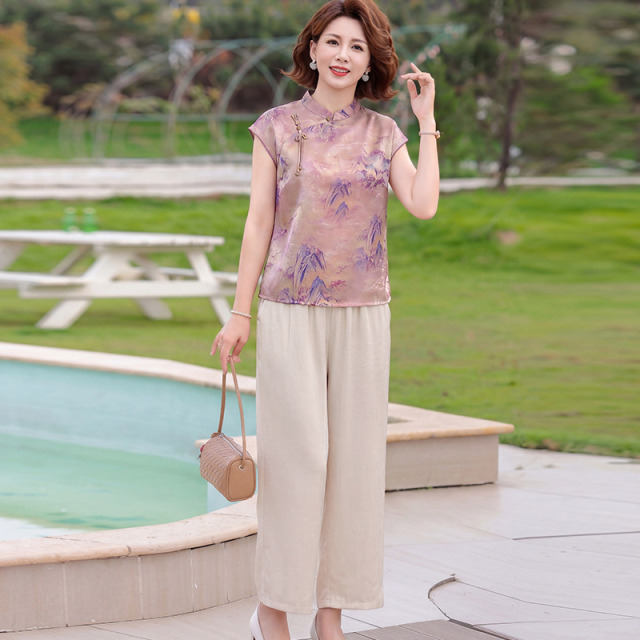 13836807.雅鹿中年妈妈夏装新中式套装 山水印花立领盘扣短袖上衣宽松九分阔腿裤两件套
