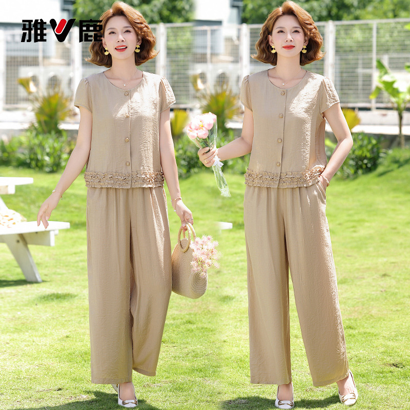 13837397.雅鹿中年女士夏装轻薄肌理两件套 圆领短袖小衫 + 高腰阔腿裤 妈妈减龄显瘦套装