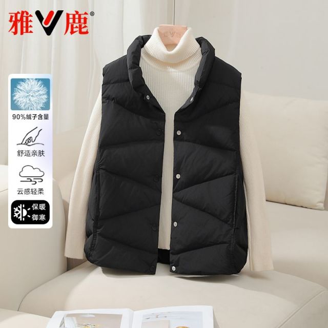 13717129.雅鹿 90 白鸭绒羽绒马甲女秋冬轻薄立领短款宽松百搭内搭外穿保暖背心通勤显瘦无袖羽绒服坎肩