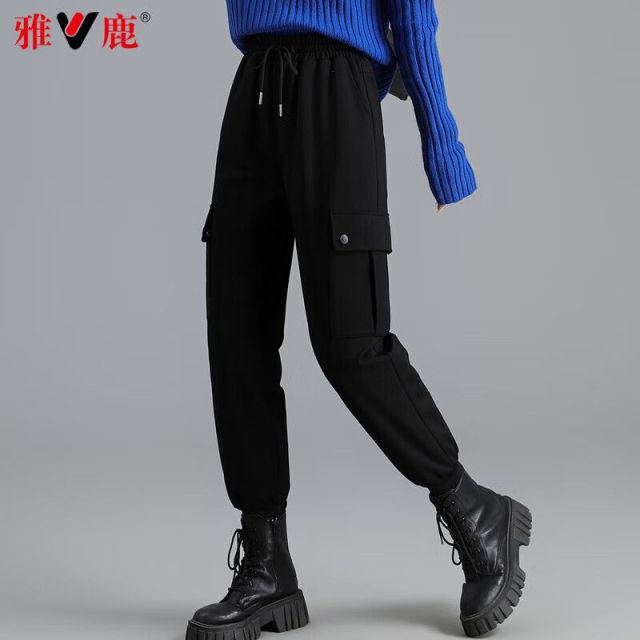13717769.雅鹿冬季工装羽绒裤女外穿 90 白鸭绒填充高腰抽绳束脚裤加厚防寒零下过冬保暖棉裤显瘦百搭不臃肿束脚棉裤