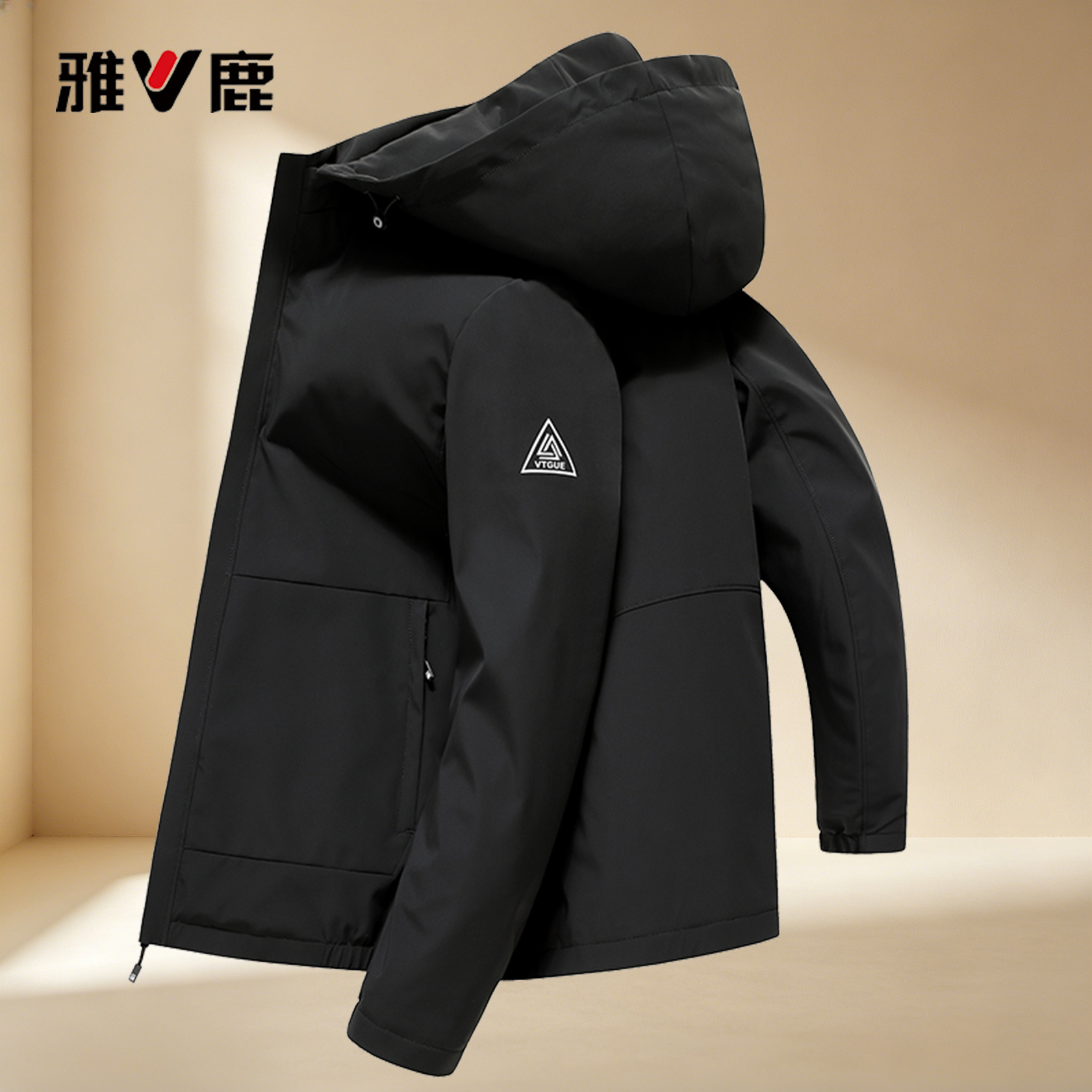 13836786.雅鹿男装简约连帽冲锋衣 中青年宽松工装夹克 防风休闲男士外套