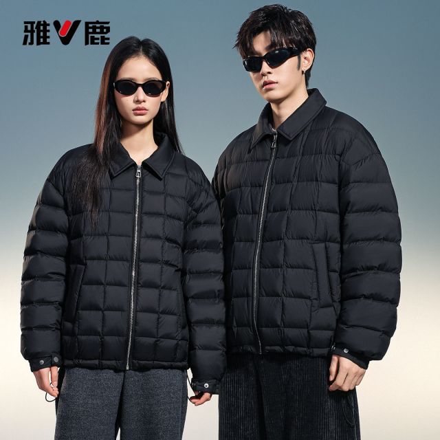 13837274.雅鹿90 白鸭绒翻领羽绒服男女同款短款方格轻薄不钻绒情侣冬季外套