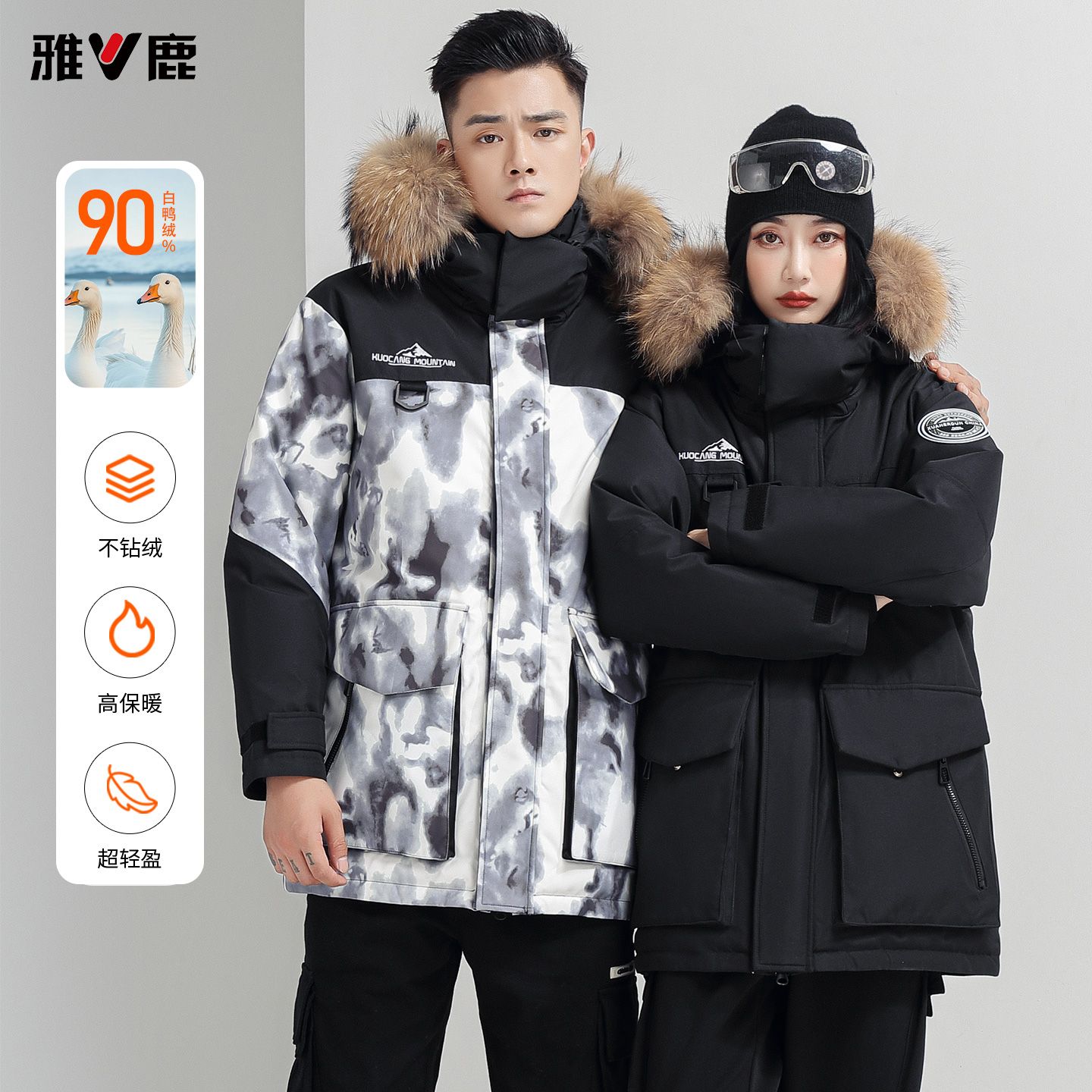 13837265.雅鹿正品情侣工装派克服羽绒服 90% 白鸭绒真貉子大毛领 迷彩撞色拼接中长款冬季加厚防寒防风不钻绒户外保暖男女