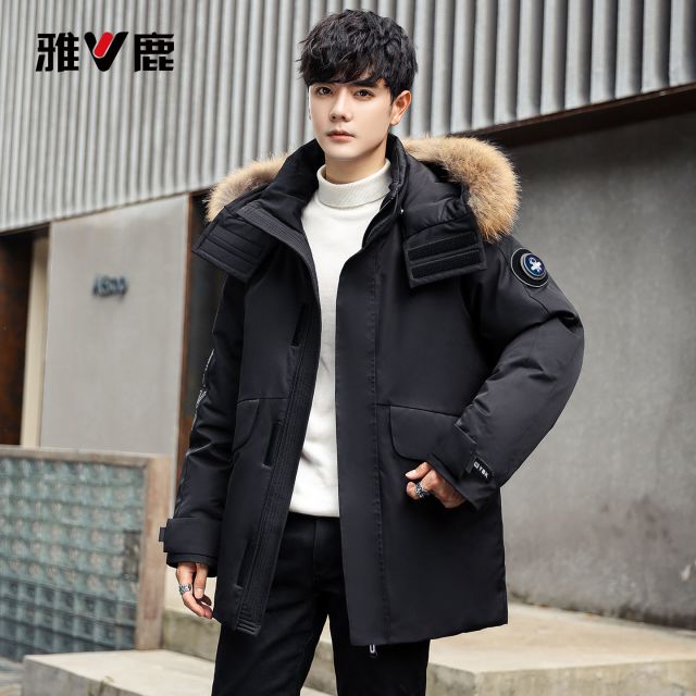 13728697.雅鹿正品情侣工装羽绒服中长款 90 白鸭绒貉子大毛领 户外防风抗寒加厚派克服男女冬季宽松保暖外套不钻绒