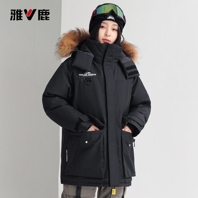 13837265.雅鹿正品情侣工装派克服羽绒服 90% 白鸭绒真貉子大毛领 迷彩撞色拼接中长款冬季加厚防寒防风不钻绒户外保暖男女