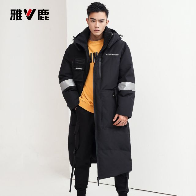 13837267.雅鹿90 鸭绒情侣工装羽绒服男女长款过膝冬季加厚极寒防寒宽松反光条派克服外套