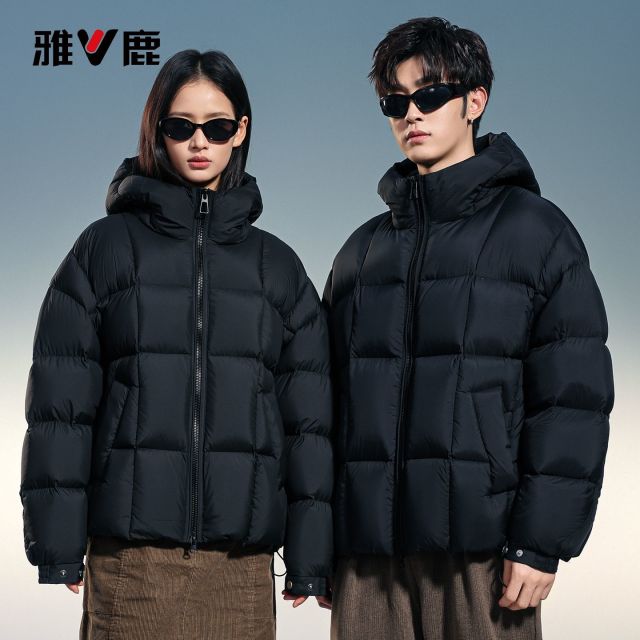 13836803.雅鹿情侣羽绒服 90 白鸭绒短款连帽面包服男女同款冬季加厚宽松不钻绒保暖外套