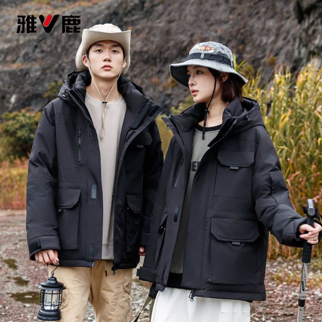 13729077.雅鹿90 白鸭绒工装羽绒服情侣款冬季户外防风连帽加厚不钻绒冲锋外套