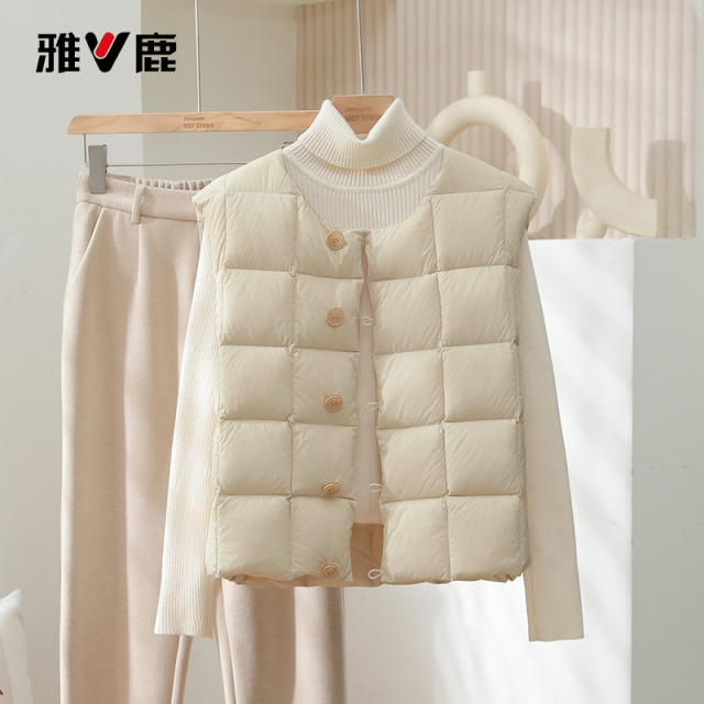 13731063.雅鹿正品 90% 白鸭绒马甲女冬季宽松圆领无袖羽绒服 内搭外穿百搭保暖坎肩超轻不钻绒