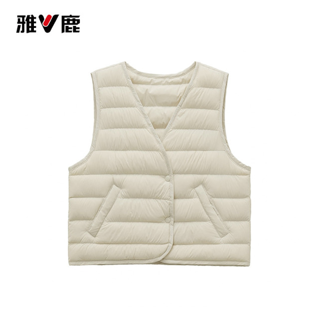 13836772.雅鹿正品 90% 白鸭绒羽绒马甲女士 V 领短款轻薄不钻绒秋冬内穿打底保暖背心外搭无袖坎肩