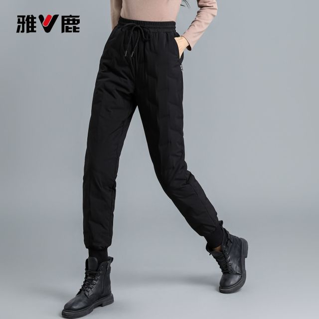 13836721.雅鹿2026 新款 90 白鸭绒羽绒裤女士外穿 高腰抽绳束脚裤 冬季防风加厚保暖显瘦直筒棉长裤子