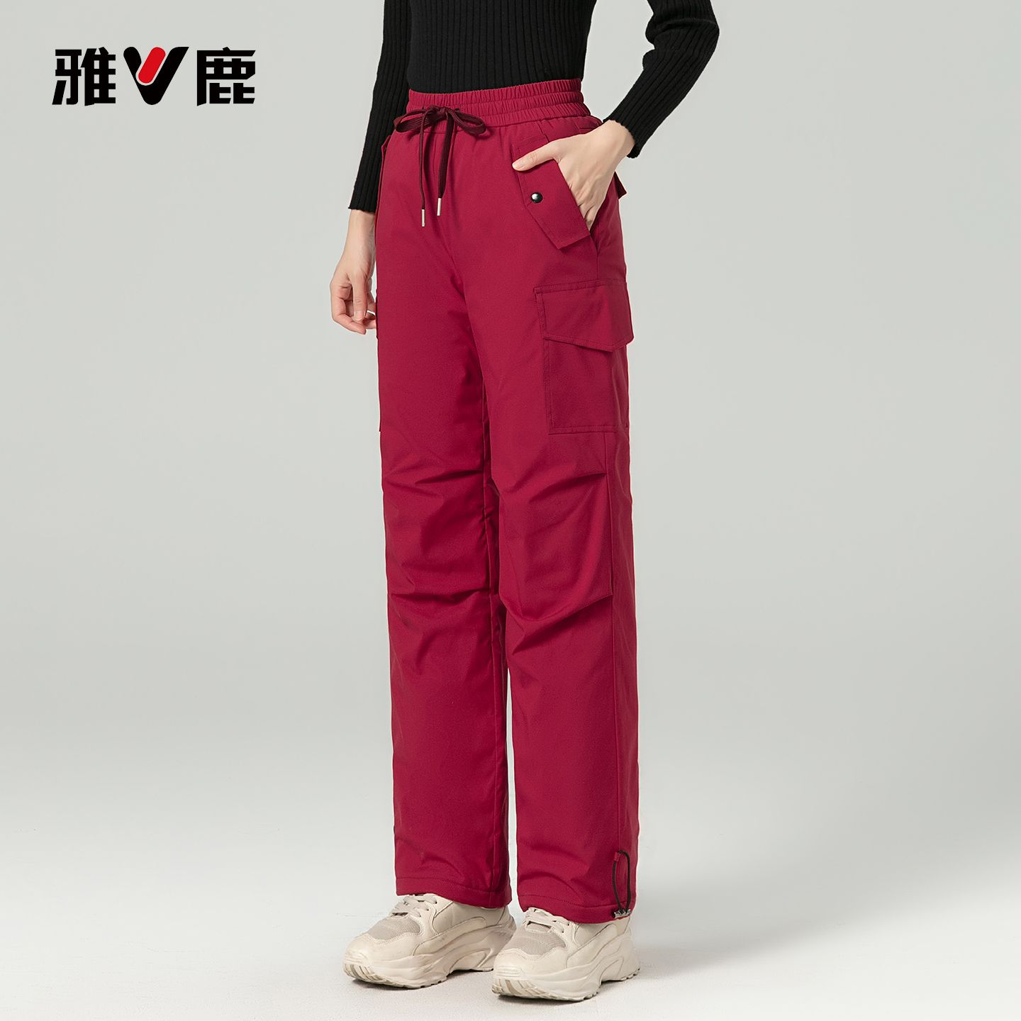 13751774.雅鹿工装羽绒裤女外穿 2026 冬季新款 90 白鸭绒宽松束脚裤防风加厚保暖棉裤