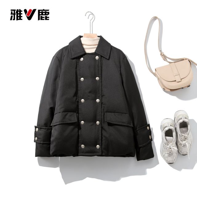 13762905.雅鹿2026秋冬新款雅鹿正品暖芯羽绒夹克 女宽松显瘦 90 白鸭绒翻领双排扣短款防寒羽绒服外套