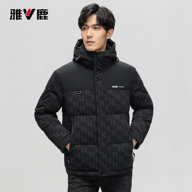 13769771.雅鹿2026 雅鹿冬季男士羽绒服短款连帽暗纹满印 90 白鸭绒高保暖百搭外套