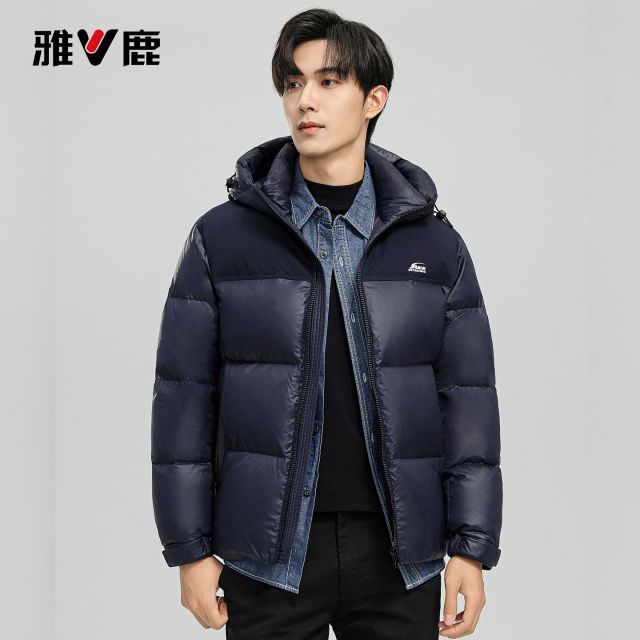 13771050.雅鹿90 白鸭绒情侣羽绒服男女同款撞色连帽短款冬季加厚保暖面包服