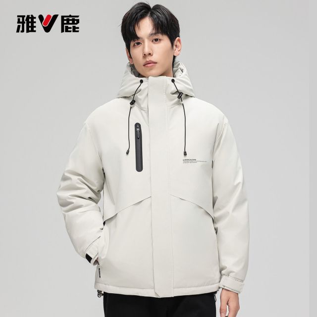 13771448.雅鹿2026新款冬季连帽户外工装羽绒服男士 90 白鸭绒短款防风防水冬季户外防寒外套