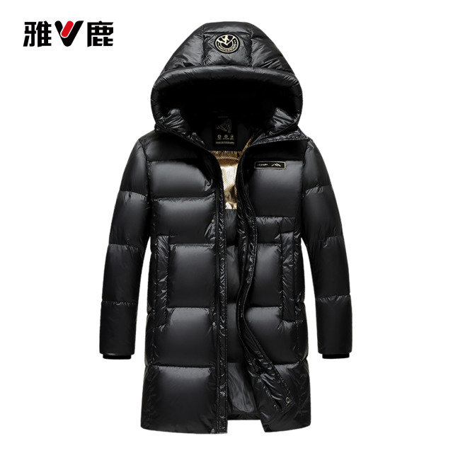 13775004.雅鹿雅鹿反季黑金鹅绒服 85 白鹅绒中长款连帽加厚蓄热防寒免洗亮面鹅绒外套