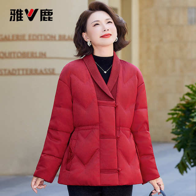 13815773.雅鹿妈妈短款羽绒服女 90 白鸭绒秋冬中年女士复古提花外套宽松大码中老年保暖上衣